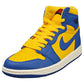 Vibrant yellow and royal blue high-top sneaker with Nike swoosh, perfect for women's fashion and streetwear style.