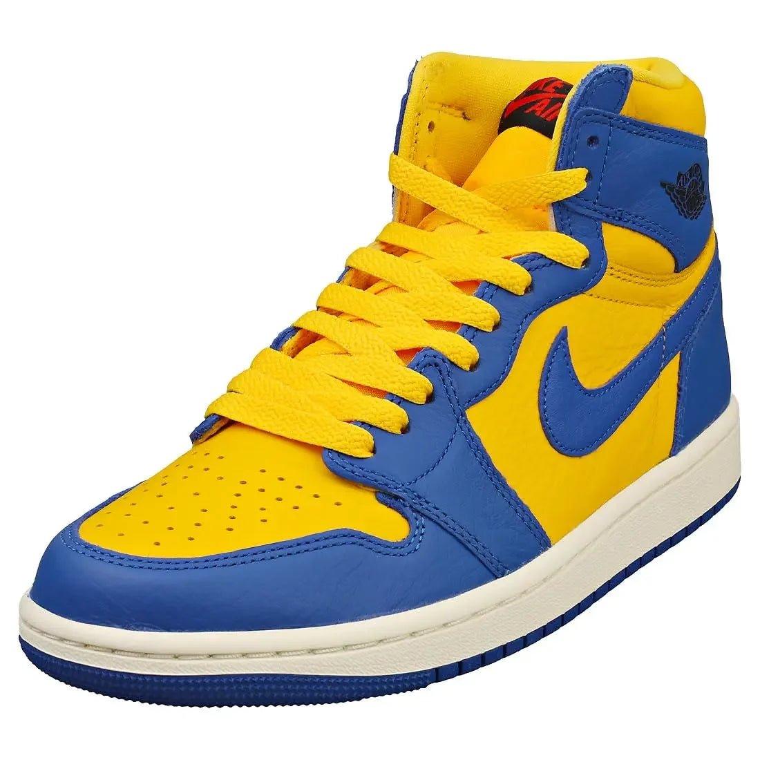Vibrant yellow and royal blue high-top sneaker with Nike swoosh, perfect for women's fashion and streetwear style.