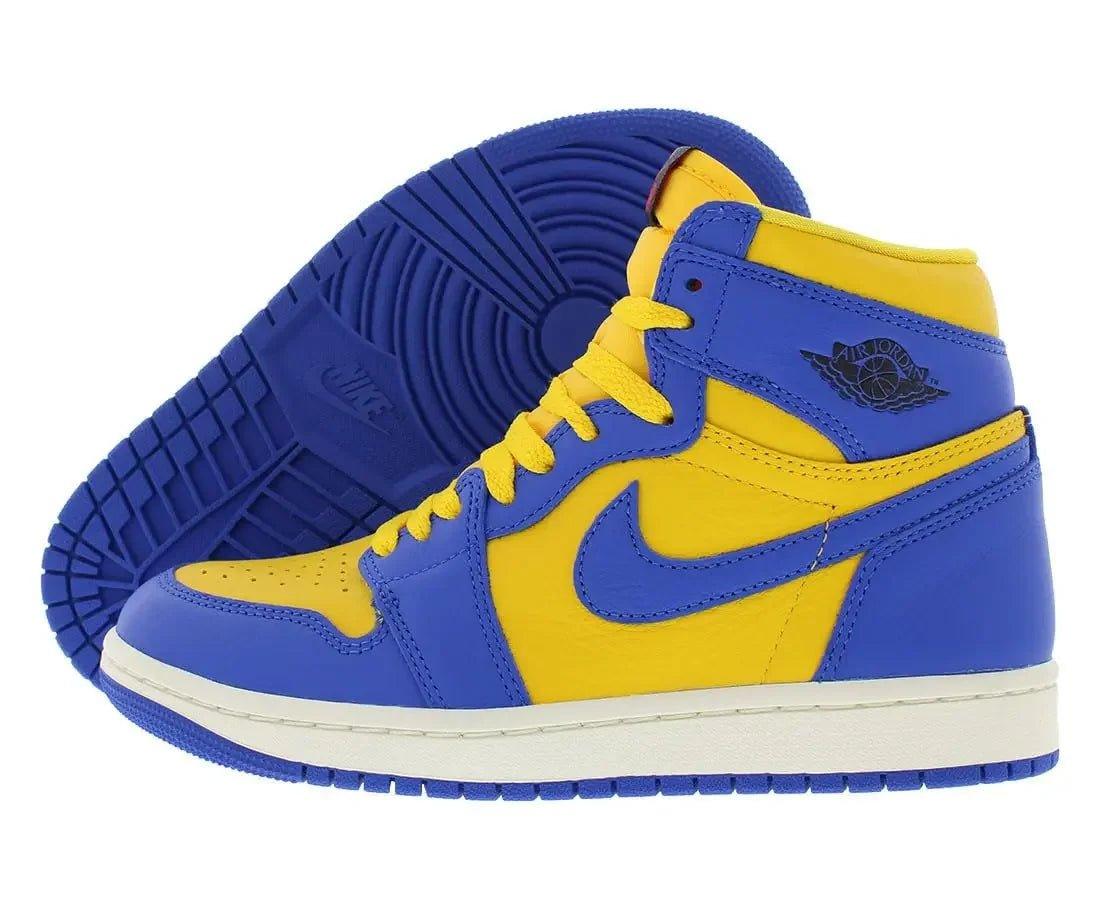 Blue and yellow Air Jordan 1 high-top sneaker with Nike swoosh, ideal for women's fashion and streetwear style