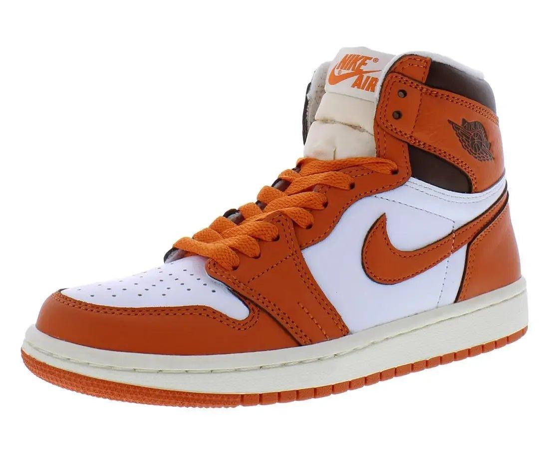 Orange and white Nike Air Jordan 1 high-top sneaker with classic design and Jumpman logo