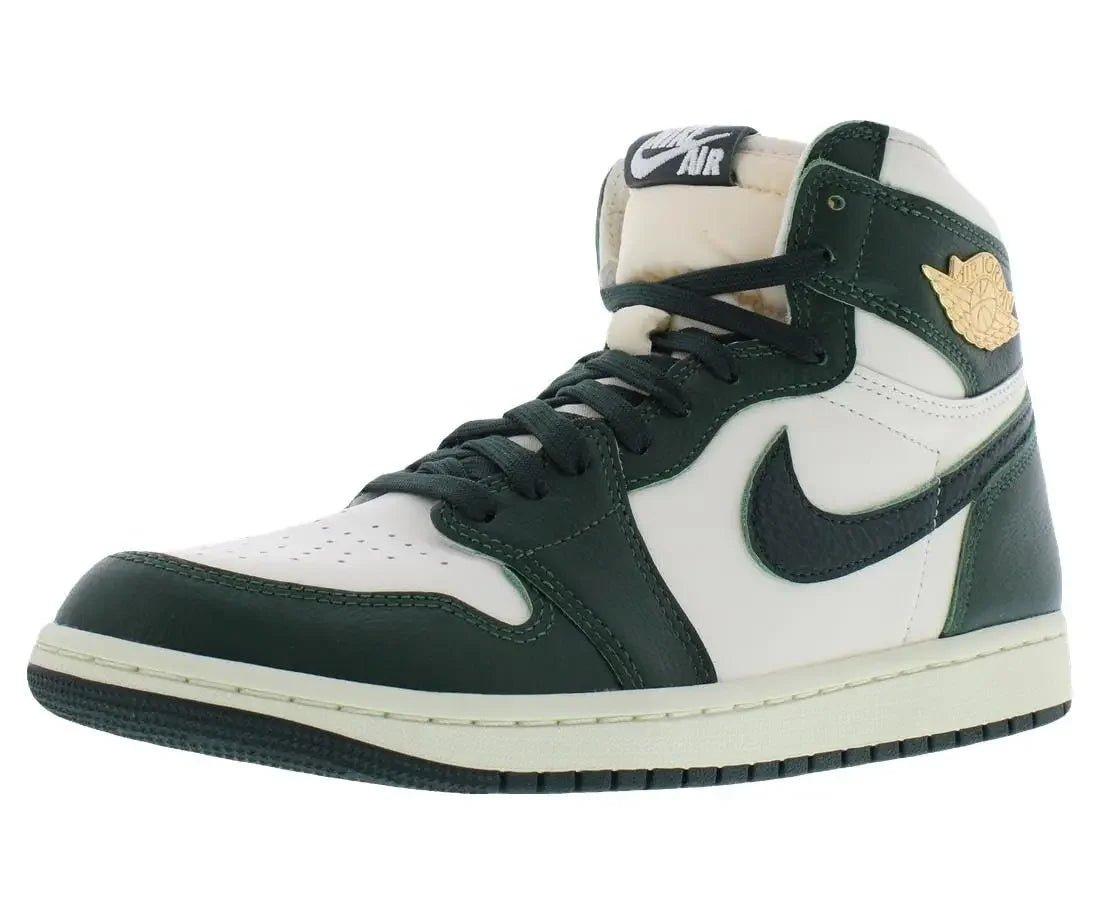 Nike Air Jordan 1 high-top sneaker in white and dark green with gold wing logo, women's fashion footwear