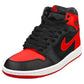 Black and red high-top sneaker with Nike swoosh, Air Jordan logo, white sole for women's fashion