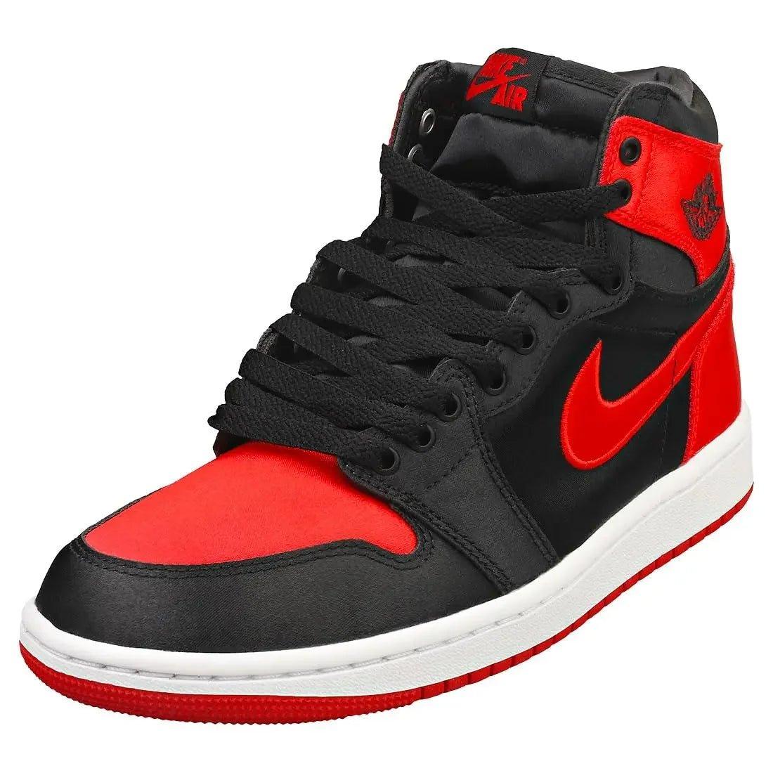 Black and red high-top sneaker with Nike swoosh, Air Jordan logo, white sole for women's fashion