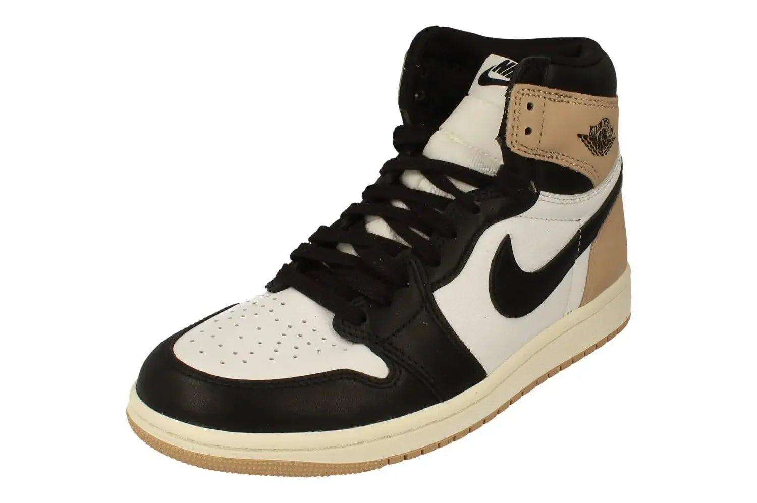 Black and white high-top sneaker with tan accents, Nike swoosh, and Air Jordan logo for women's fashion