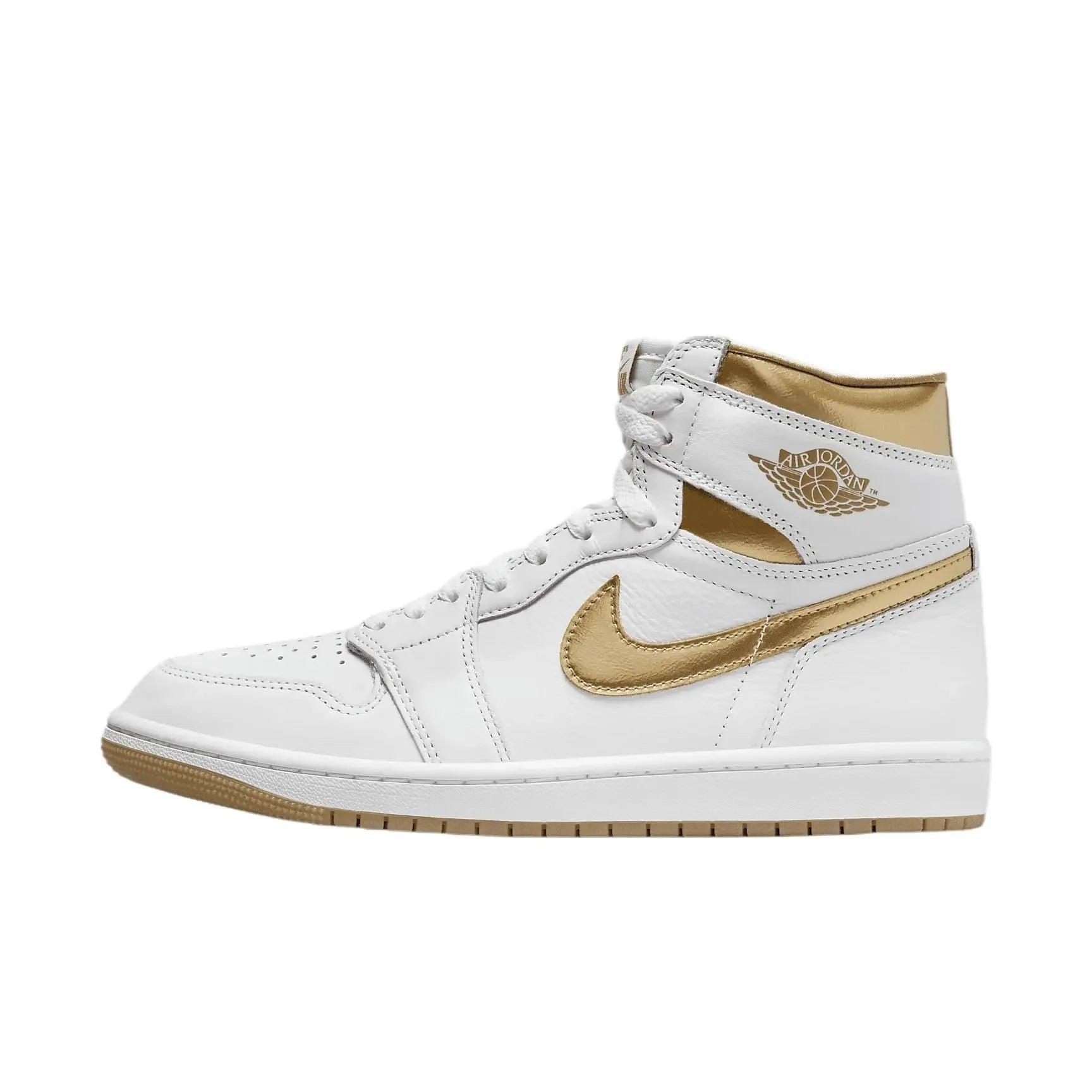 White and gold Air Jordan 1 high-top sneaker with metallic accents and gum sole, women's fashion footwear