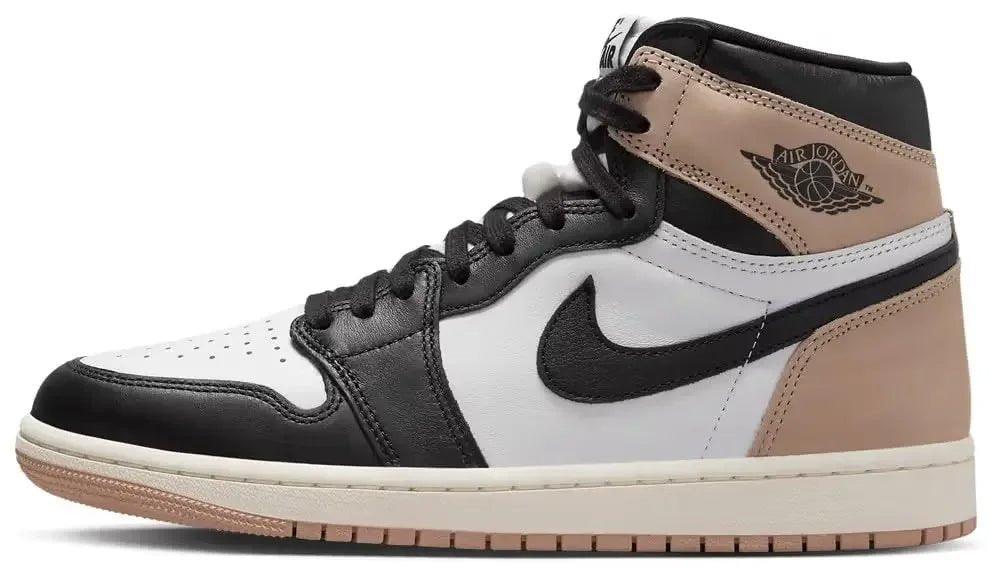 Air Jordan 1 high-top sneaker in black, white, and beige with Nike swoosh and wing logo