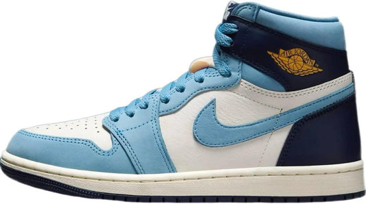 Air Jordan 1 High sneaker in light blue, white, and navy with gold logo, women's fashion footwear