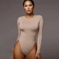 Nude long sleeve bodysuit with high cut legs, women's fashion wear