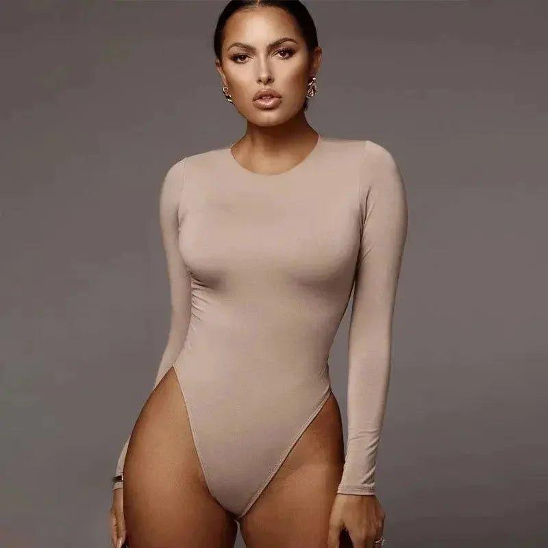 Nude long sleeve bodysuit with high cut legs, women's fashion wear