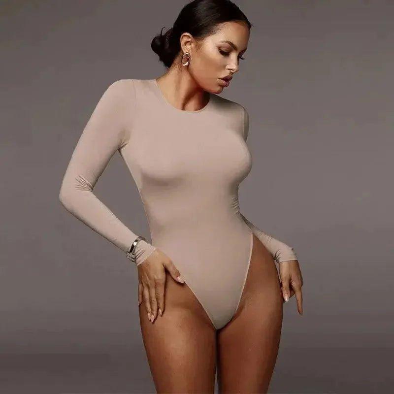 Beige long sleeve bodysuit for women, stylish and form-fitting fashion wear
