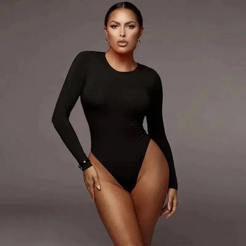Black long-sleeve bodysuit with high-cut legs for women's fashion