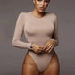 Beige long-sleeve bodysuit for women's fashion, stylish and form-fitting design
