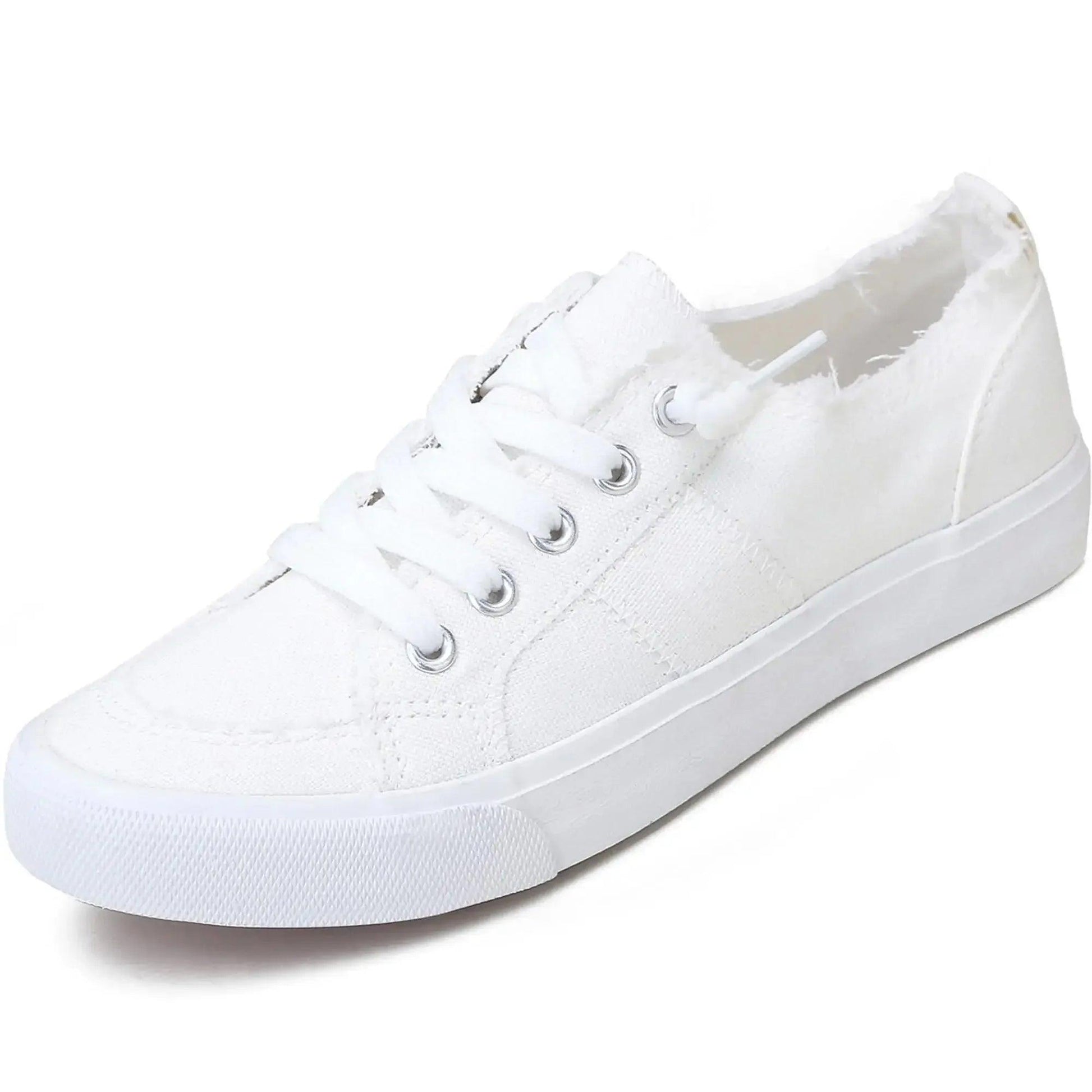 White canvas sneakers for women, casual fashion footwear with lace-up design