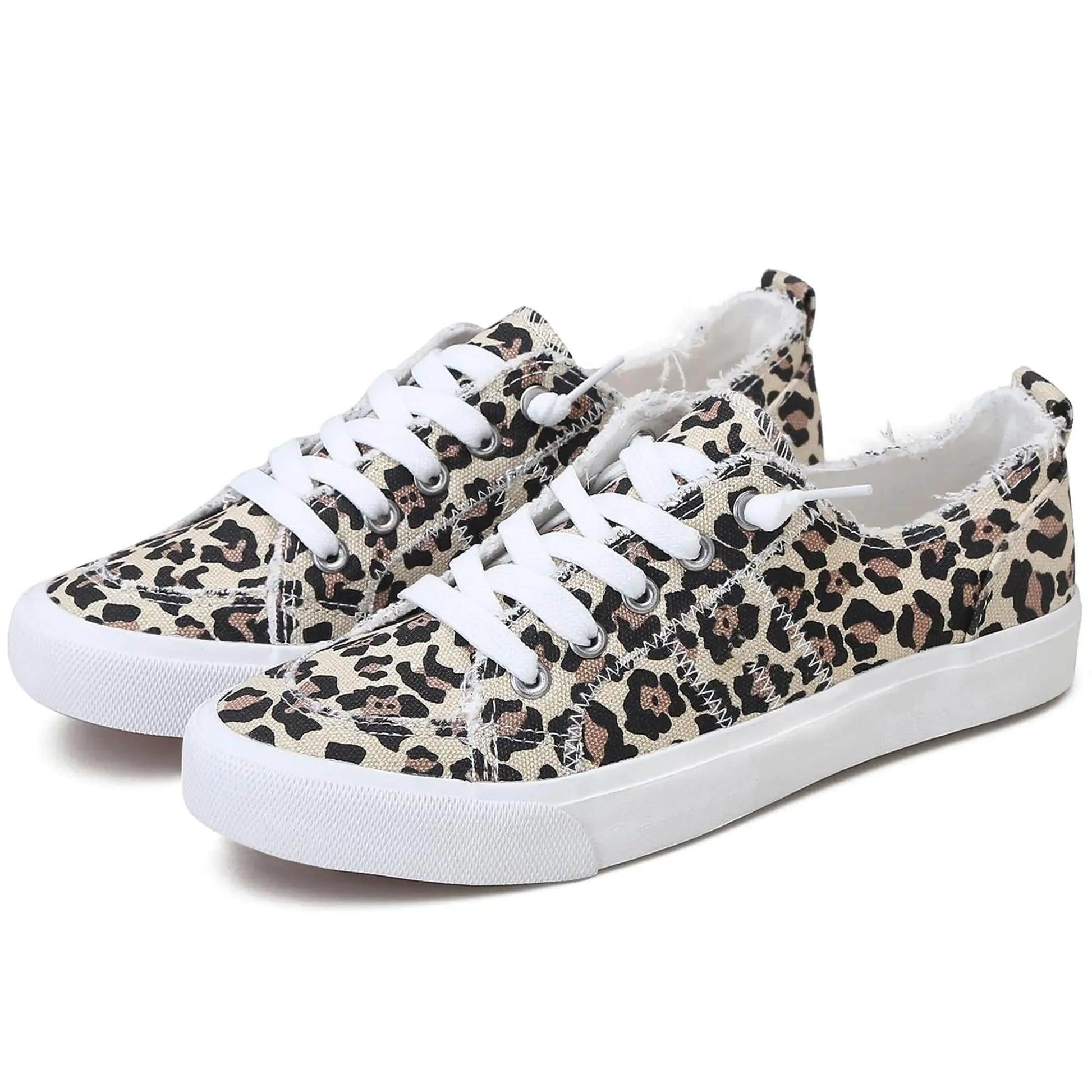 Leopard print women's canvas sneakers with white laces and soles, trendy fashion footwear