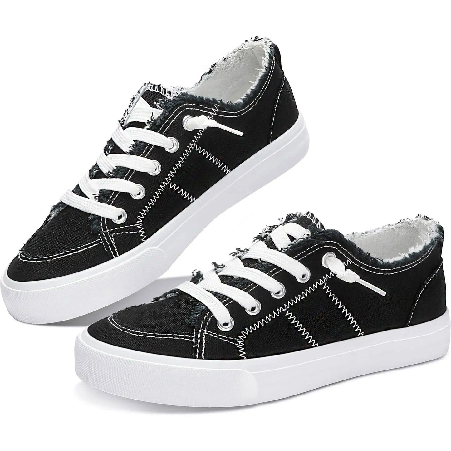 Black canvas sneakers with white laces and zigzag stitching, women's fashion footwear