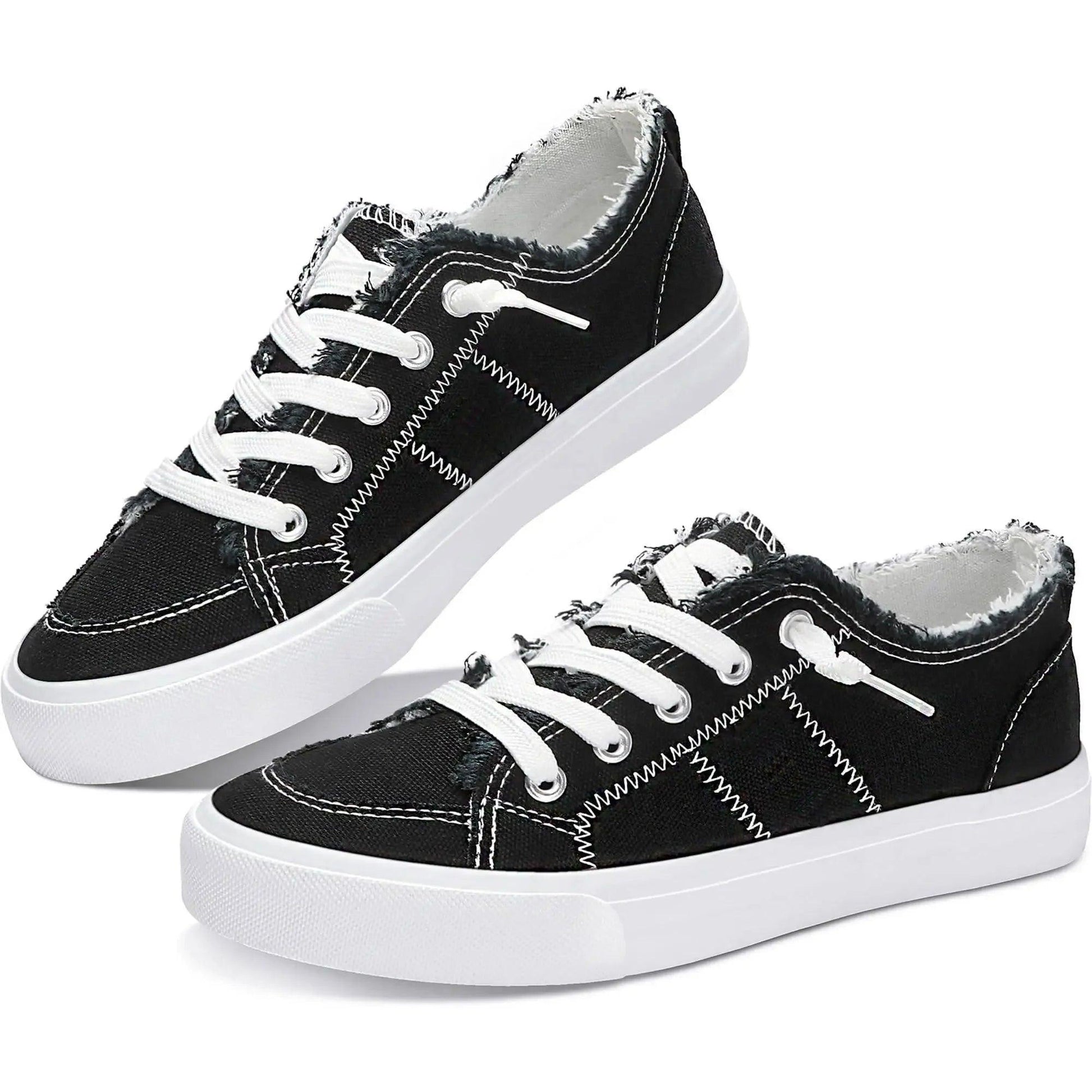Black canvas sneakers with white laces and zigzag stitching, women's fashion footwear