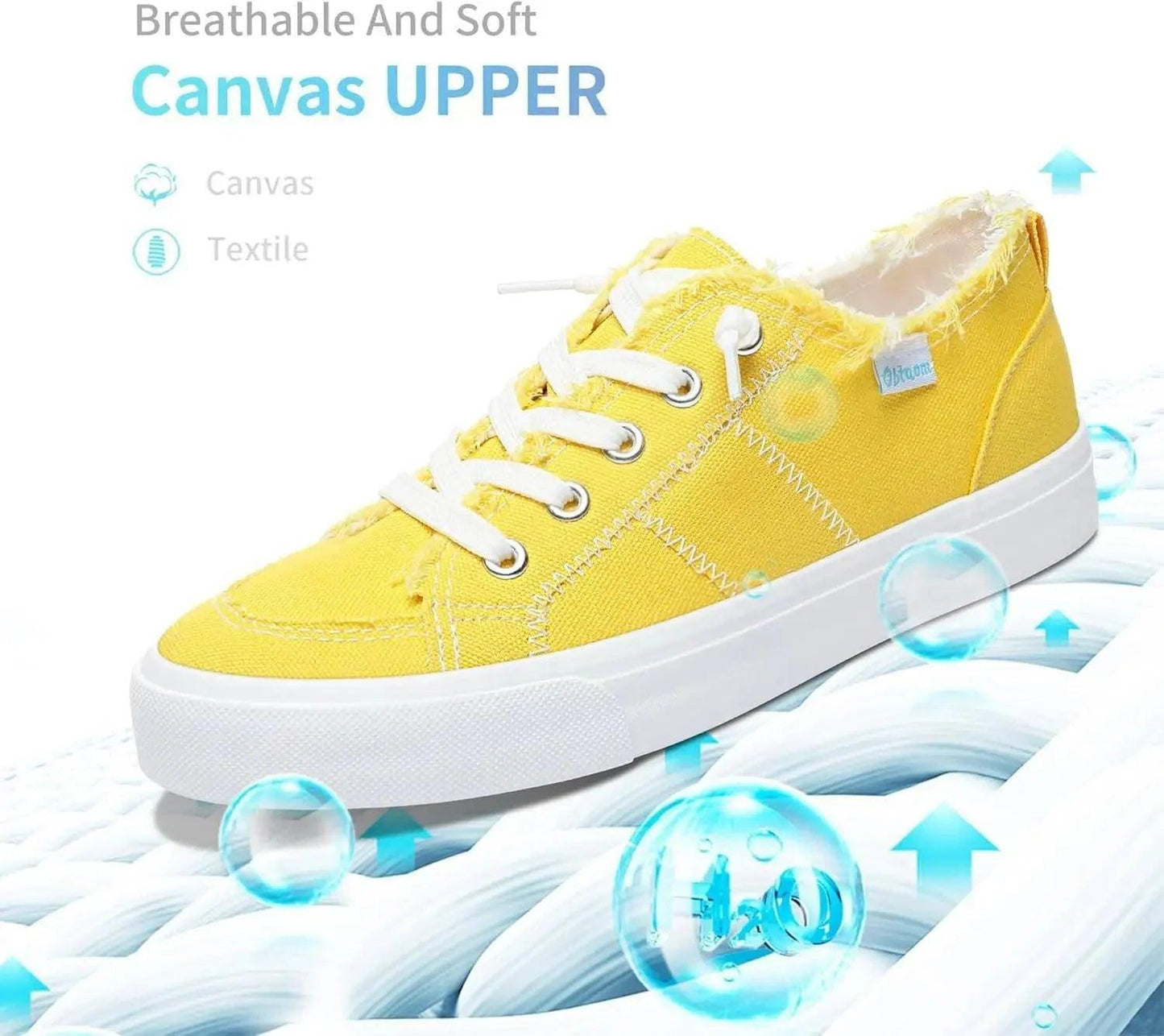 Yellow canvas sneaker with white laces, breathable soft upper, ideal for women's fashion