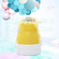 Yellow platform sneaker with frayed details, pastel balloons, light shoes fashion