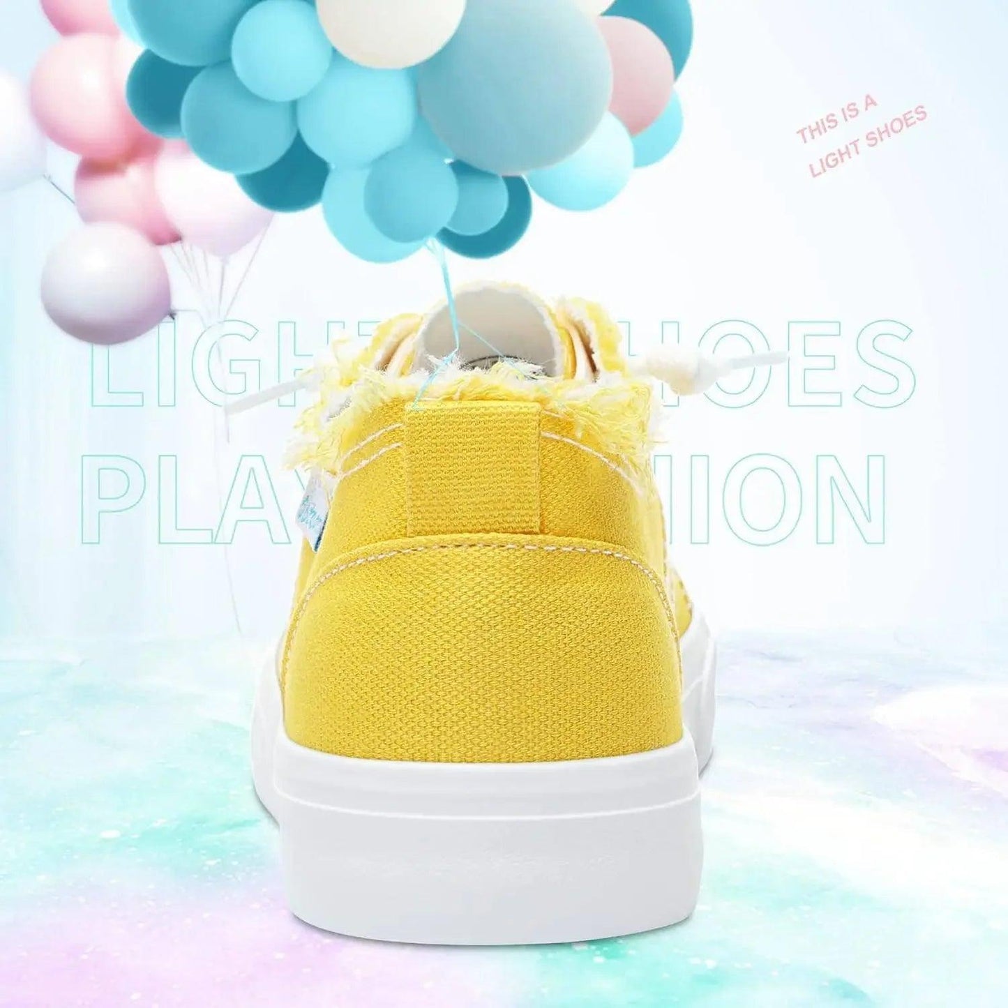 Yellow platform sneaker with frayed details, pastel balloons, light shoes fashion