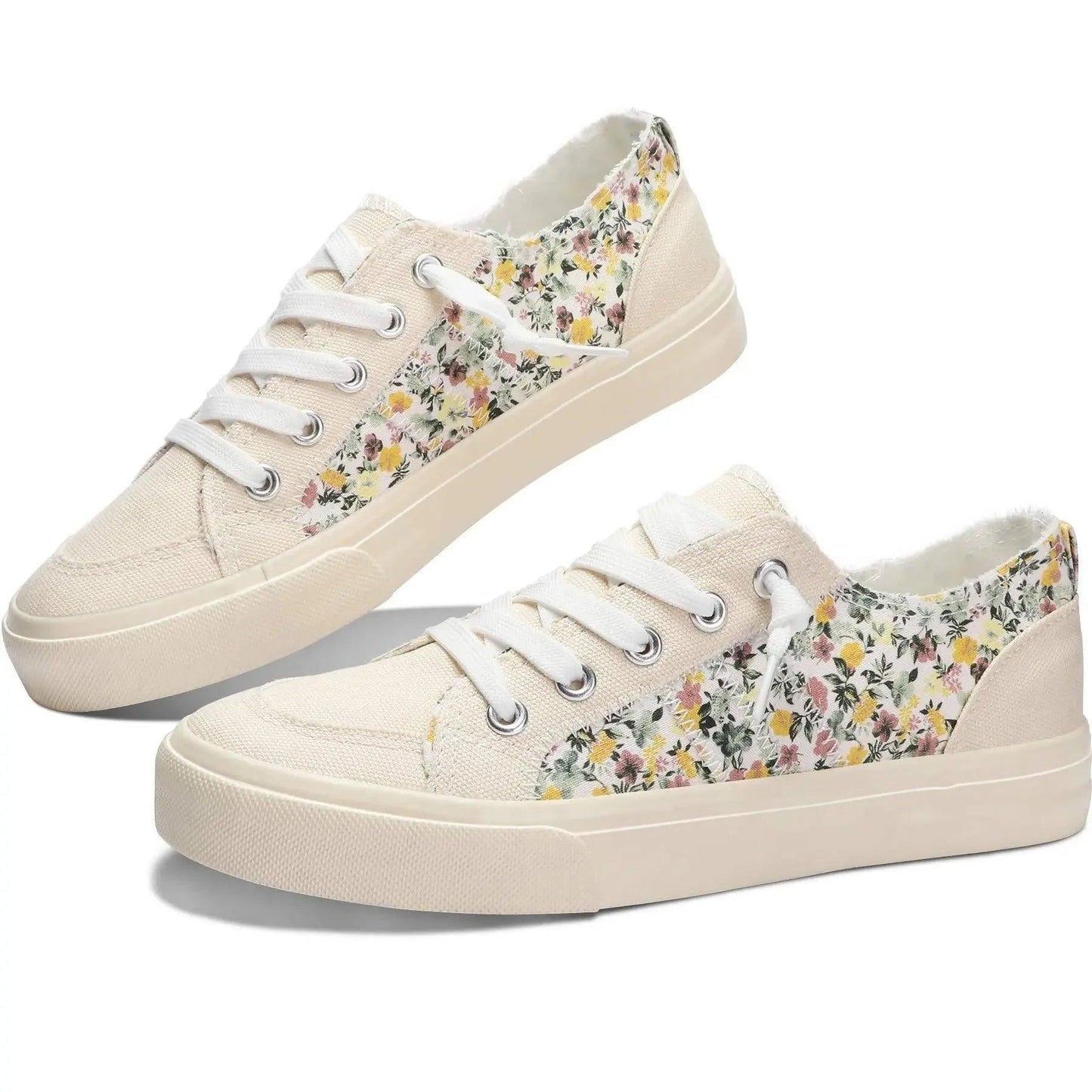 Women's floral canvas sneakers with white laces, perfect for casual fashion and everyday style.