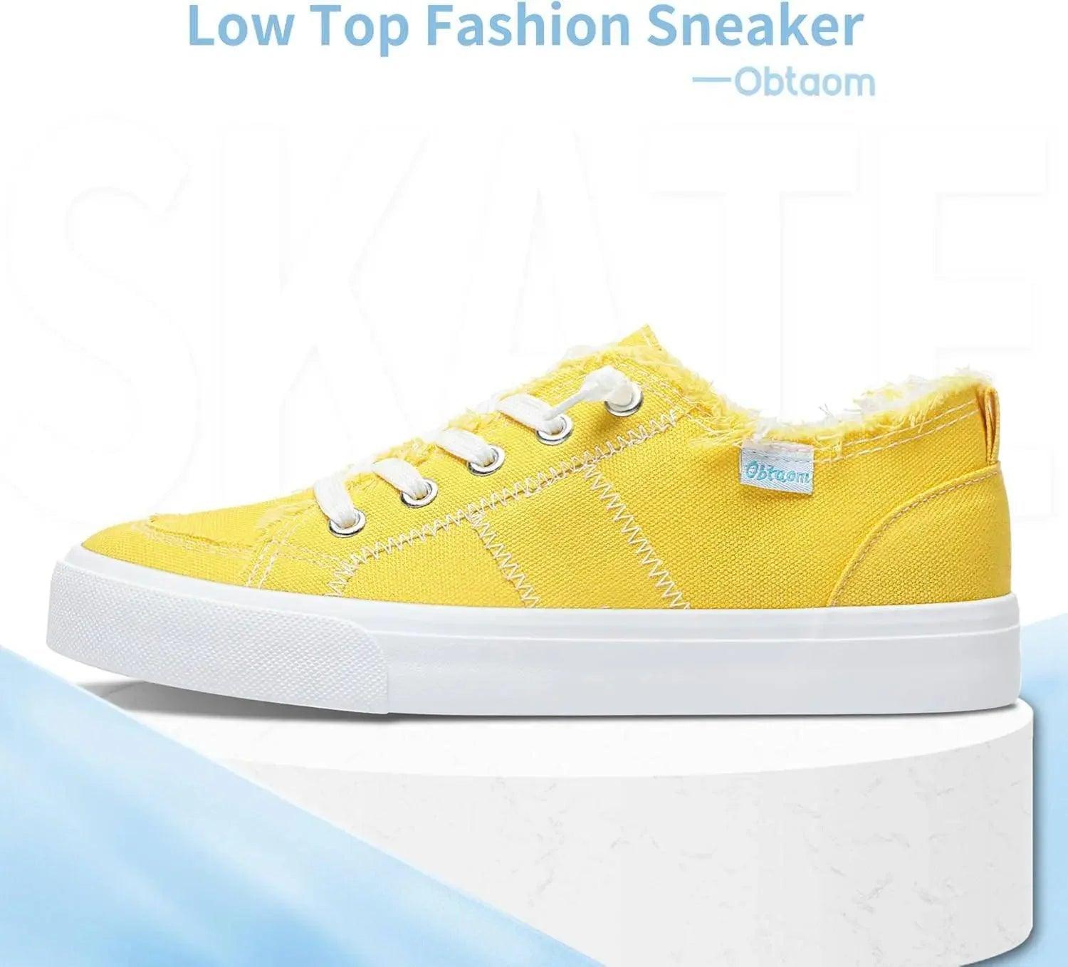 Yellow low top fashion sneaker with white laces and platform sole for women's casual wear