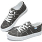 Gray canvas sneakers with white laces and distressed edges, women's casual fashion shoes