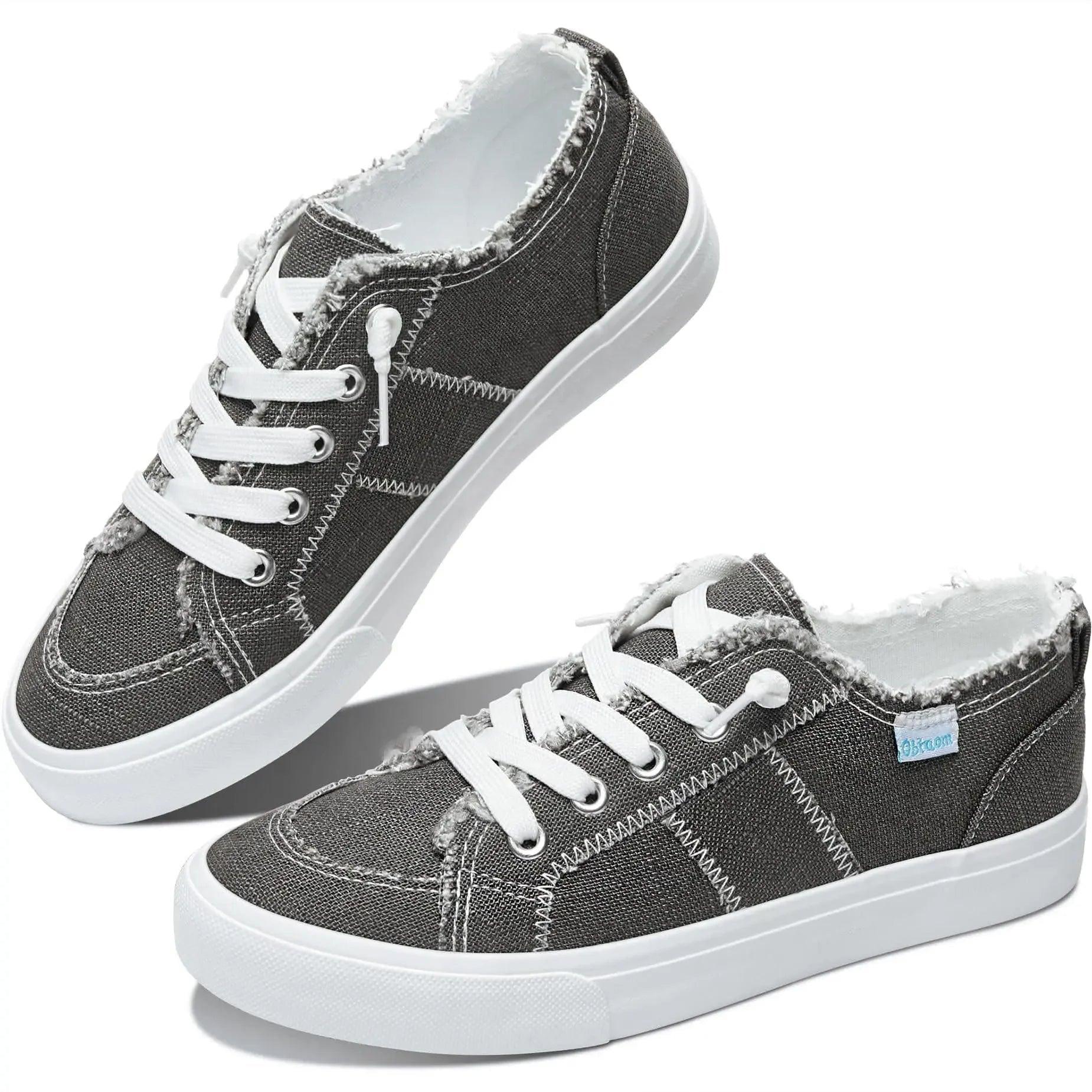 Gray canvas sneakers with white laces and distressed edges, women's casual fashion shoes