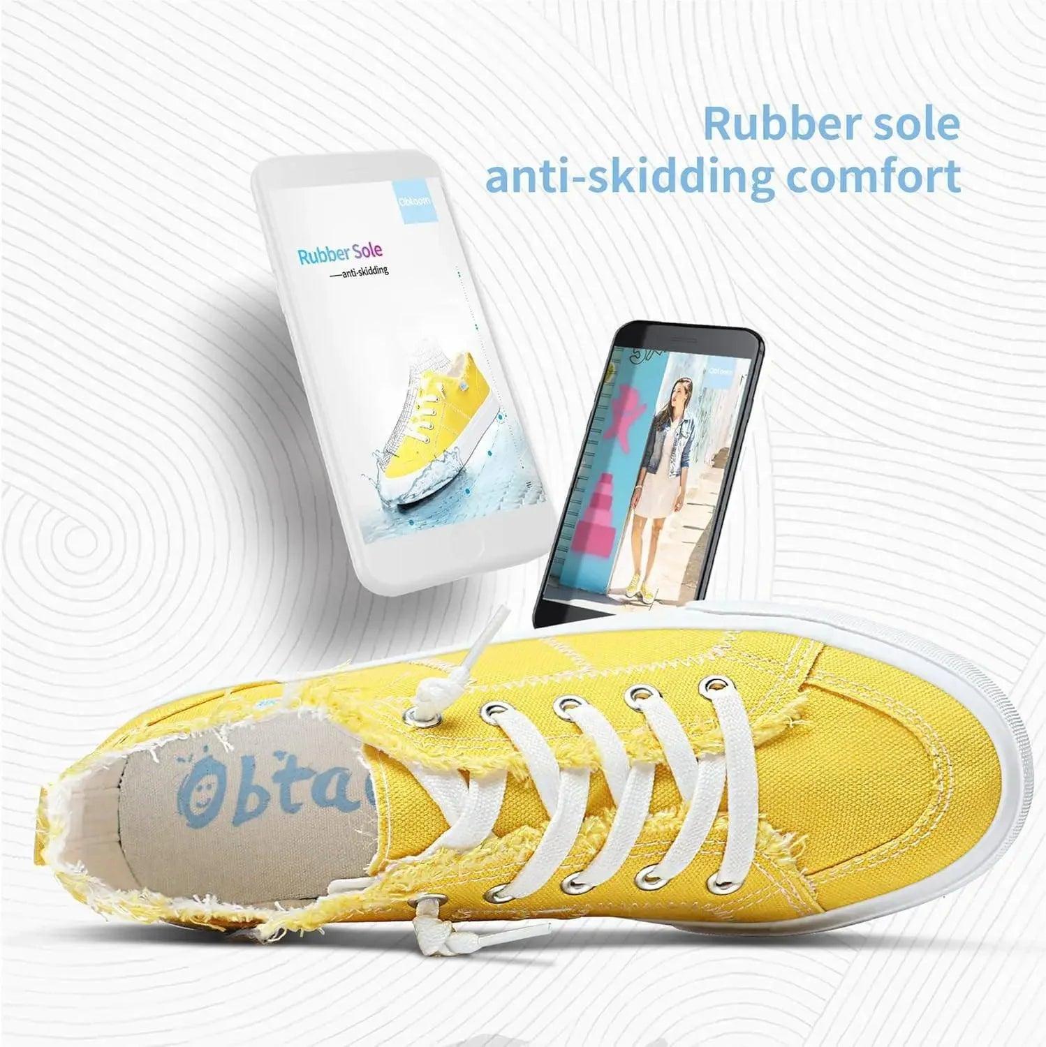 Yellow women's canvas sneaker with white laces, rubber sole, anti-skidding comfort for casual fashion