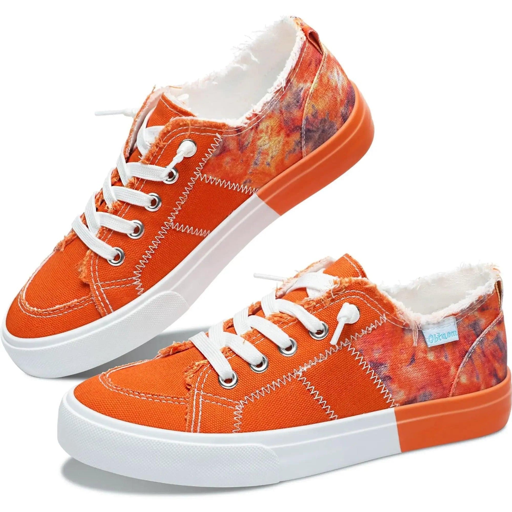 Orange tie-dye canvas sneakers with white laces and distressed edges, women's fashion footwear