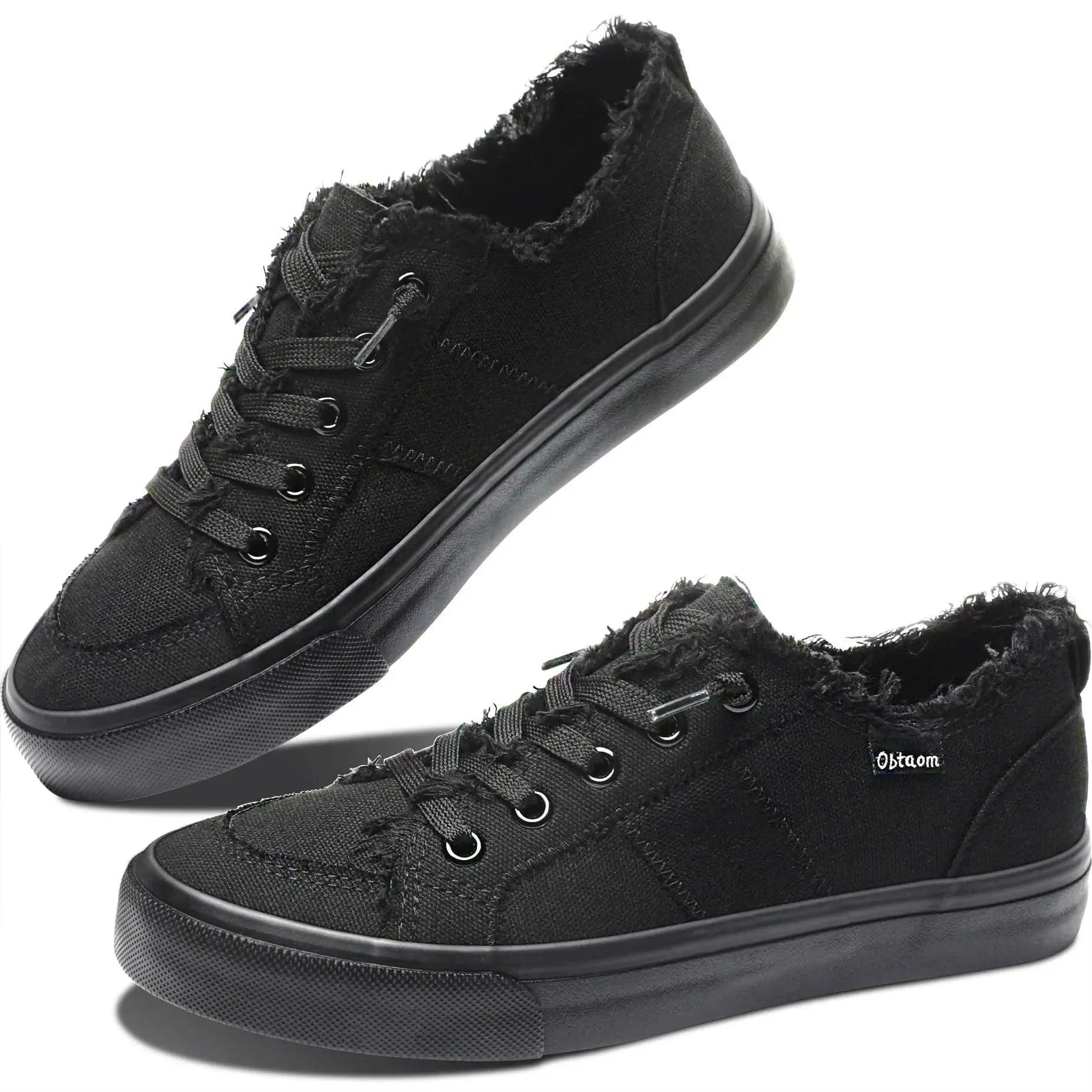 Black distressed canvas sneakers with frayed edges and lace-up design, stylish women's fashion footwear