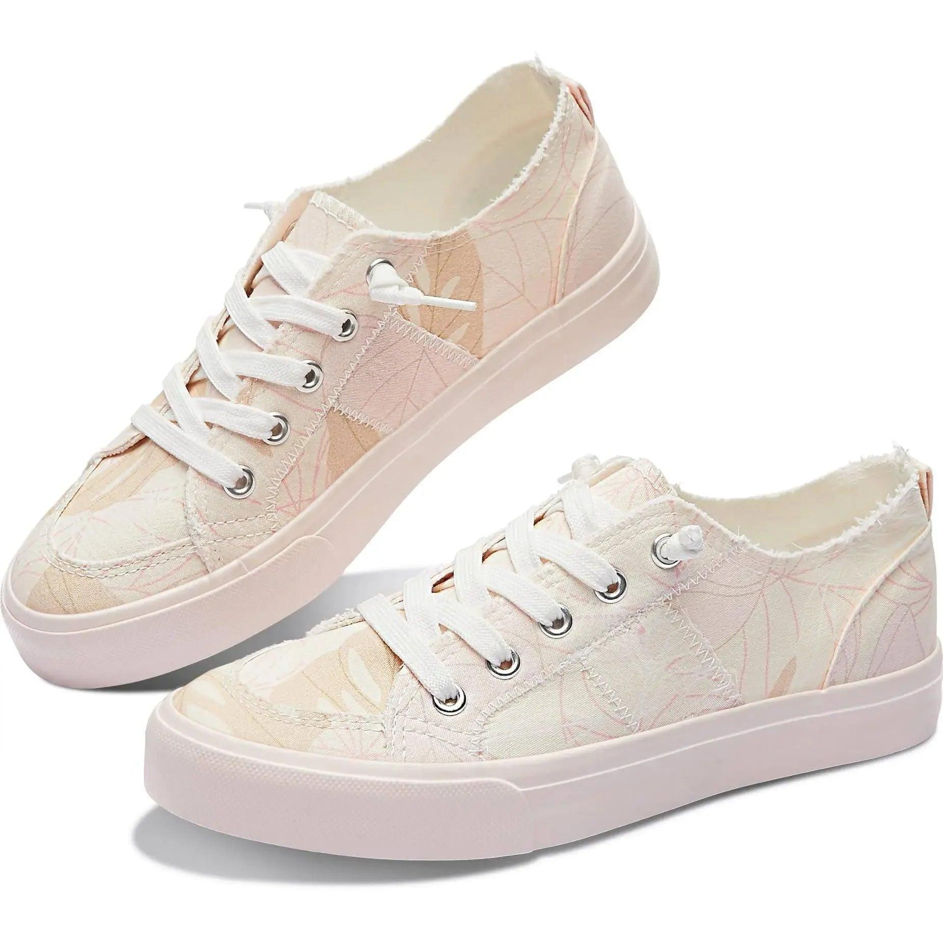 Pink floral women's canvas sneakers with white laces, casual fashion footwear