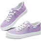 Lavender canvas sneakers with white laces and frayed edges, stylish women's fashion footwear