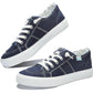 Navy blue women's canvas sneakers with white laces and distressed detailing, casual fashion footwear