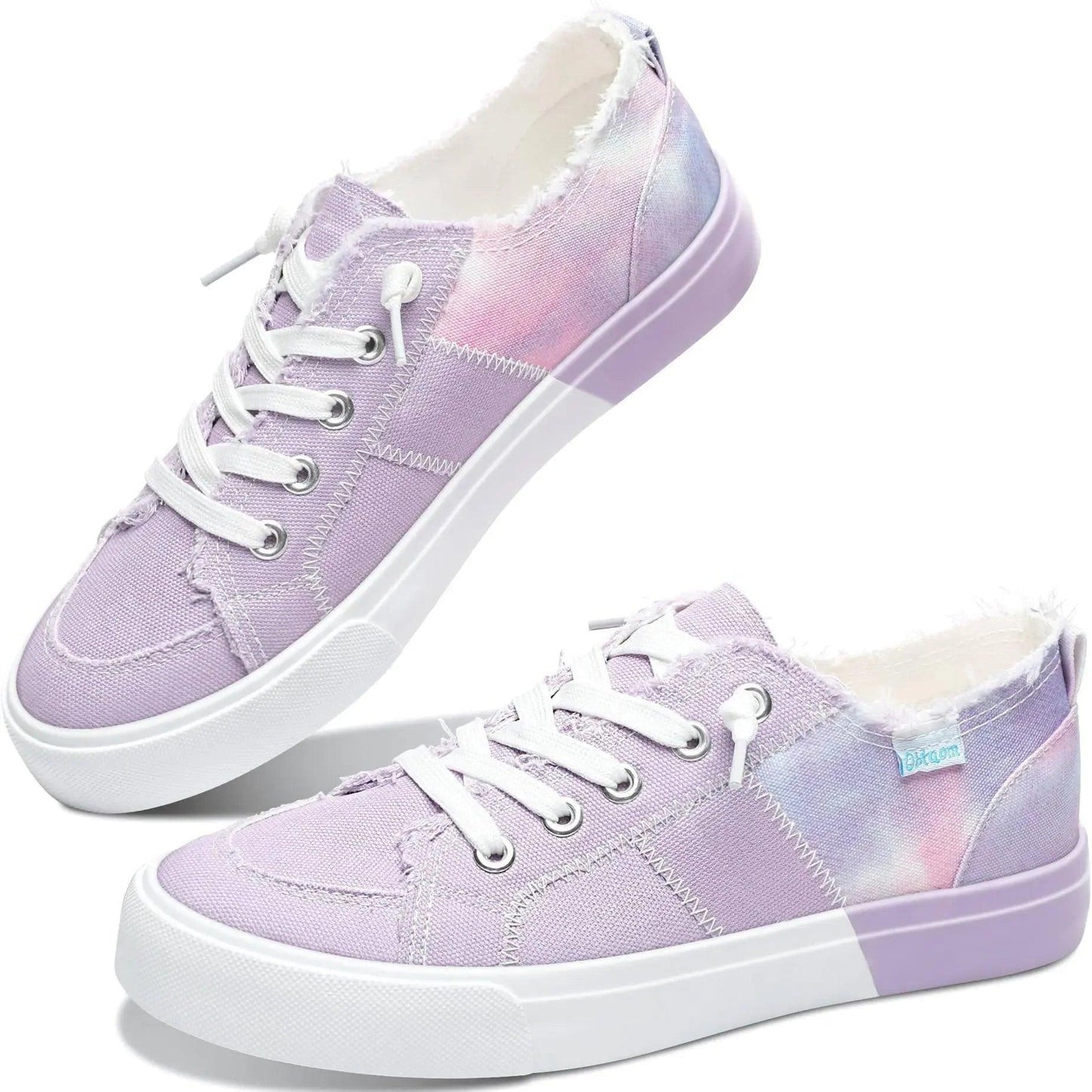 Pastel tie-dye women's canvas sneakers with white laces and distressed edges, stylish casual footwear