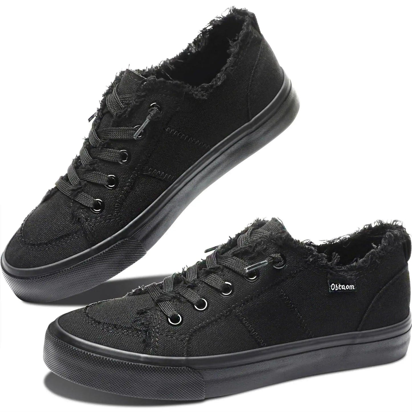 Black distressed canvas sneakers with frayed edges and black laces, stylish women's fashion footwear