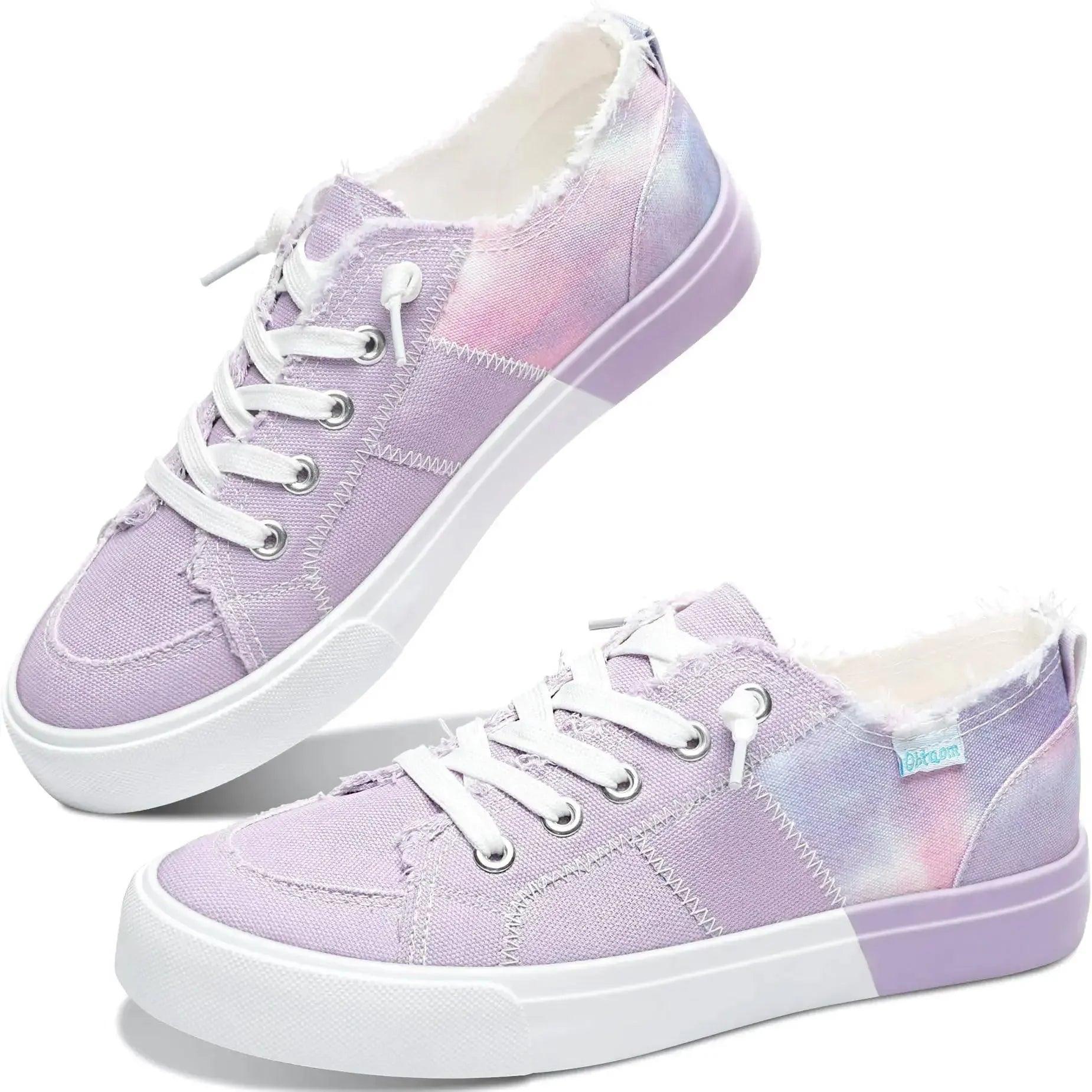 Pastel tie-dye women's canvas sneakers with white laces and distressed edges, perfect for casual fashion.