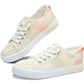 Women's pastel tie-dye canvas sneakers with frayed edges and white laces, stylish fashion footwear