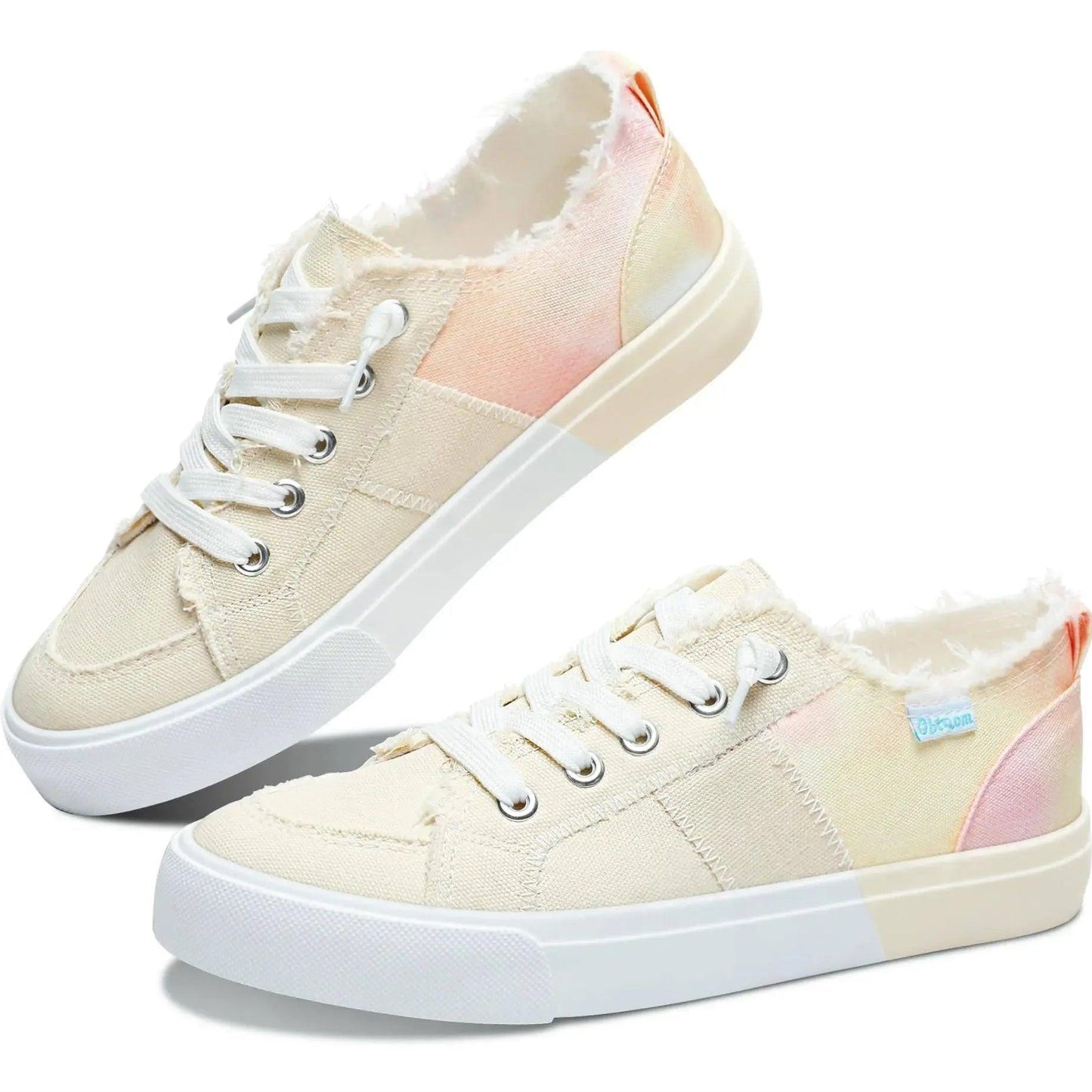 Women's pastel tie-dye canvas sneakers with frayed edges and white laces, stylish fashion footwear