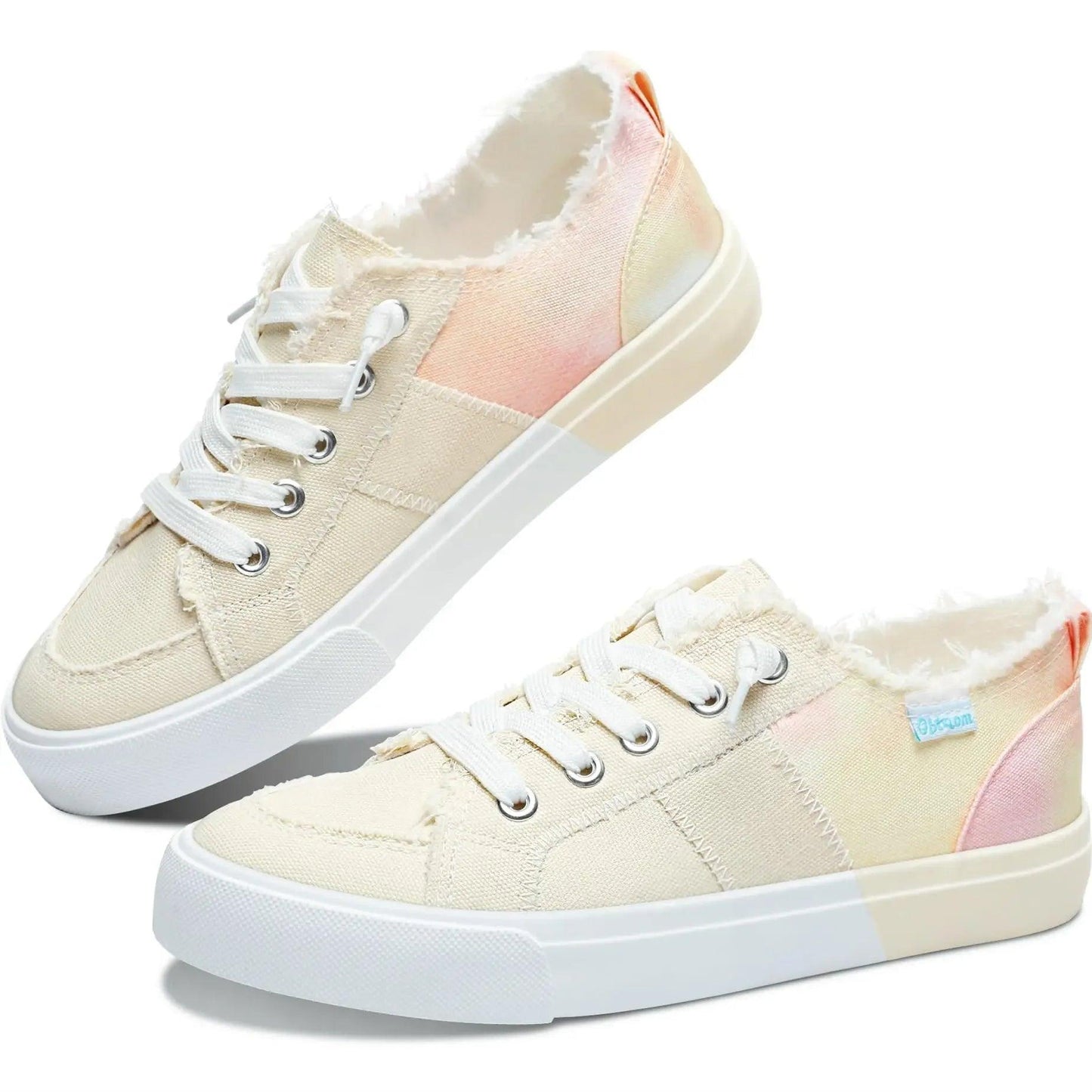 Pastel tie-dye women's canvas sneakers with frayed edges and white laces, stylish casual fashion footwear