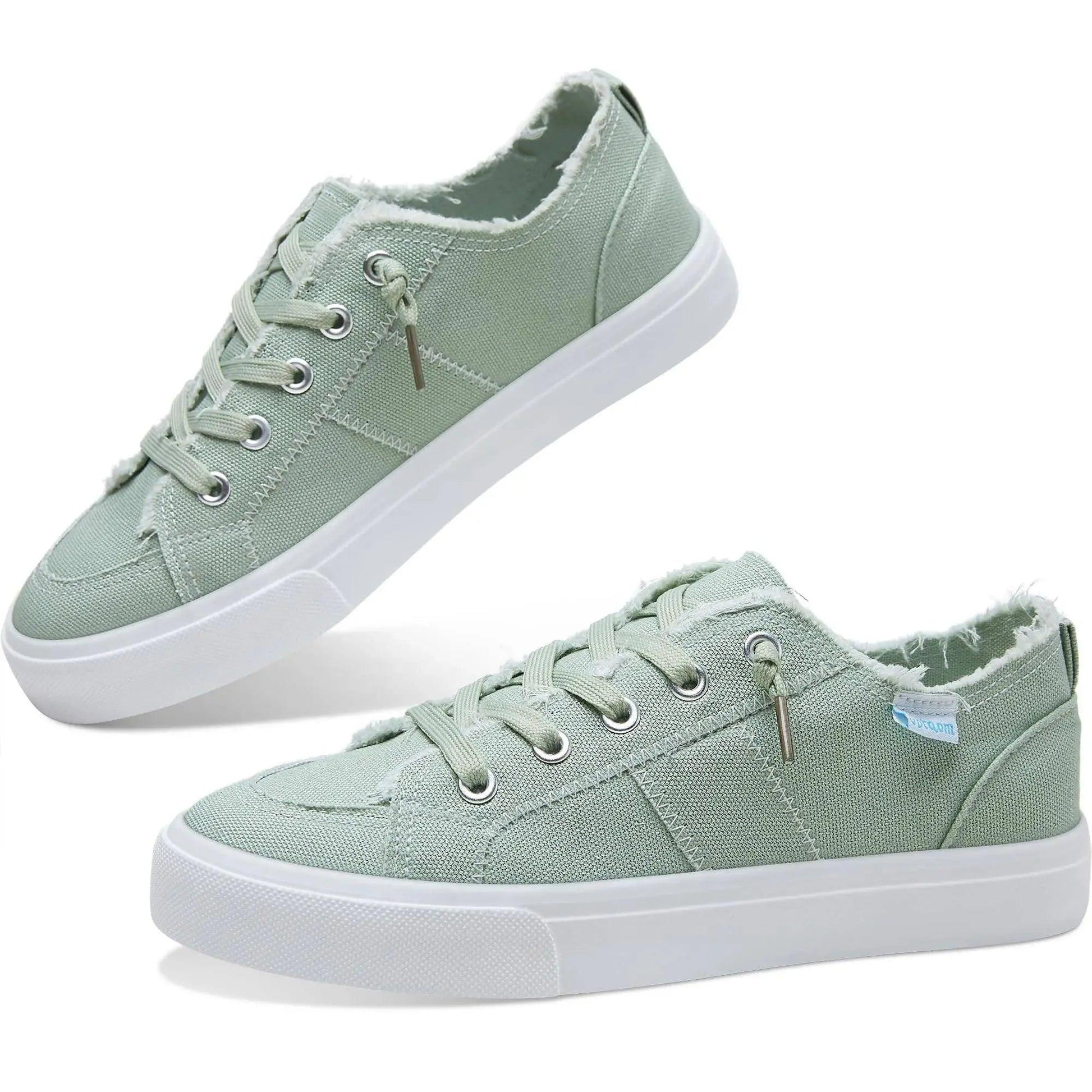 Mint green canvas sneakers with white soles, frayed edges, and matching laces for women's fashion