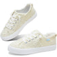 Cream tweed women's sneakers with white laces and platform sole, stylish casual fashion footwear