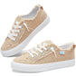Beige woven canvas sneakers with white laces and soles, stylish women's fashion footwear