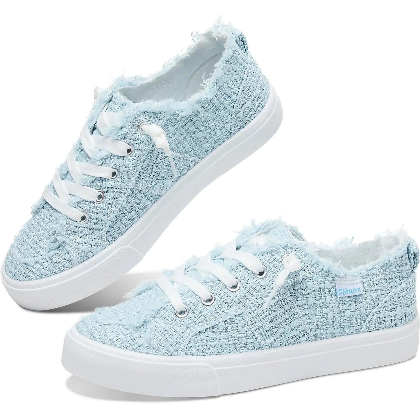 Light blue tweed women's fashion sneakers with white laces and soles, stylish casual footwear