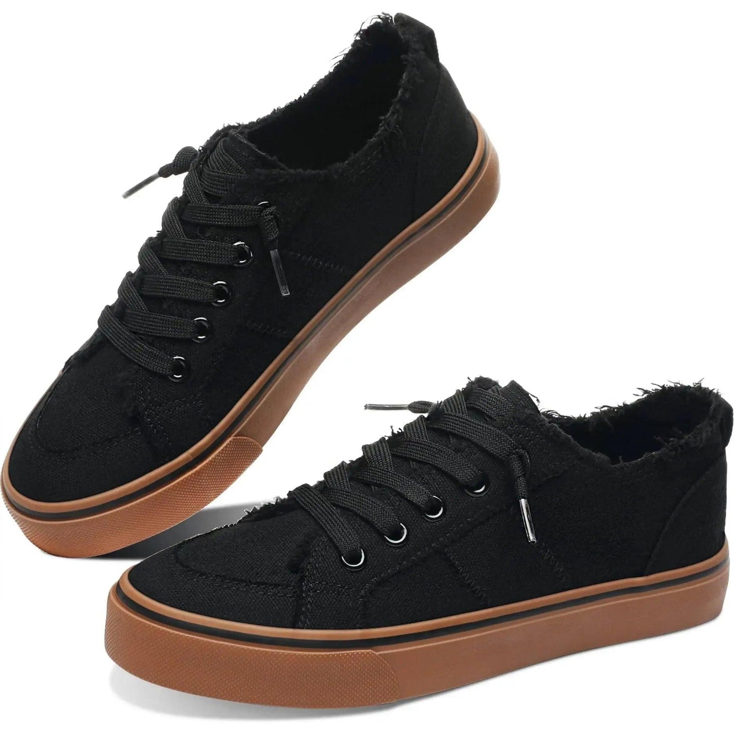 Black canvas sneakers with gum soles, frayed edges, and black laces for women's casual fashion