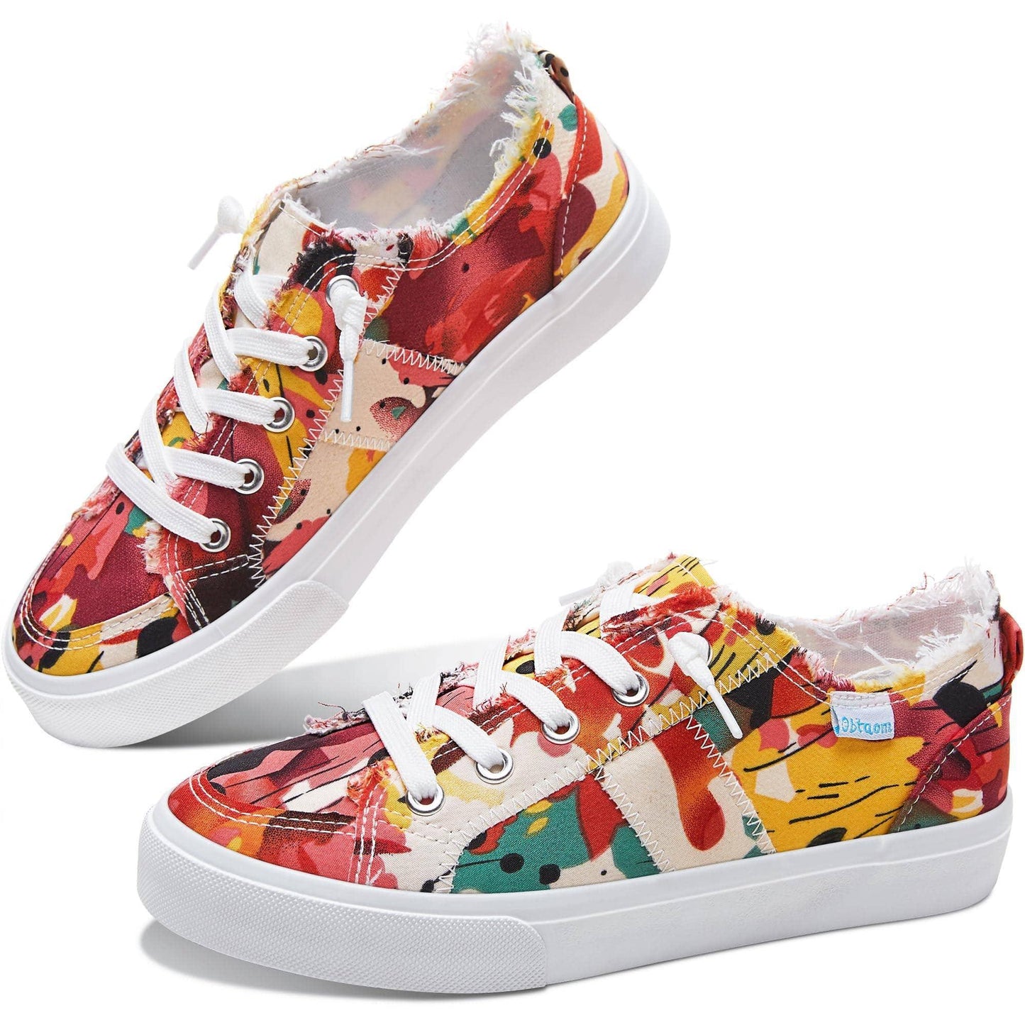 Women's floral print canvas sneakers with white laces and distressed edges, stylish casual footwear