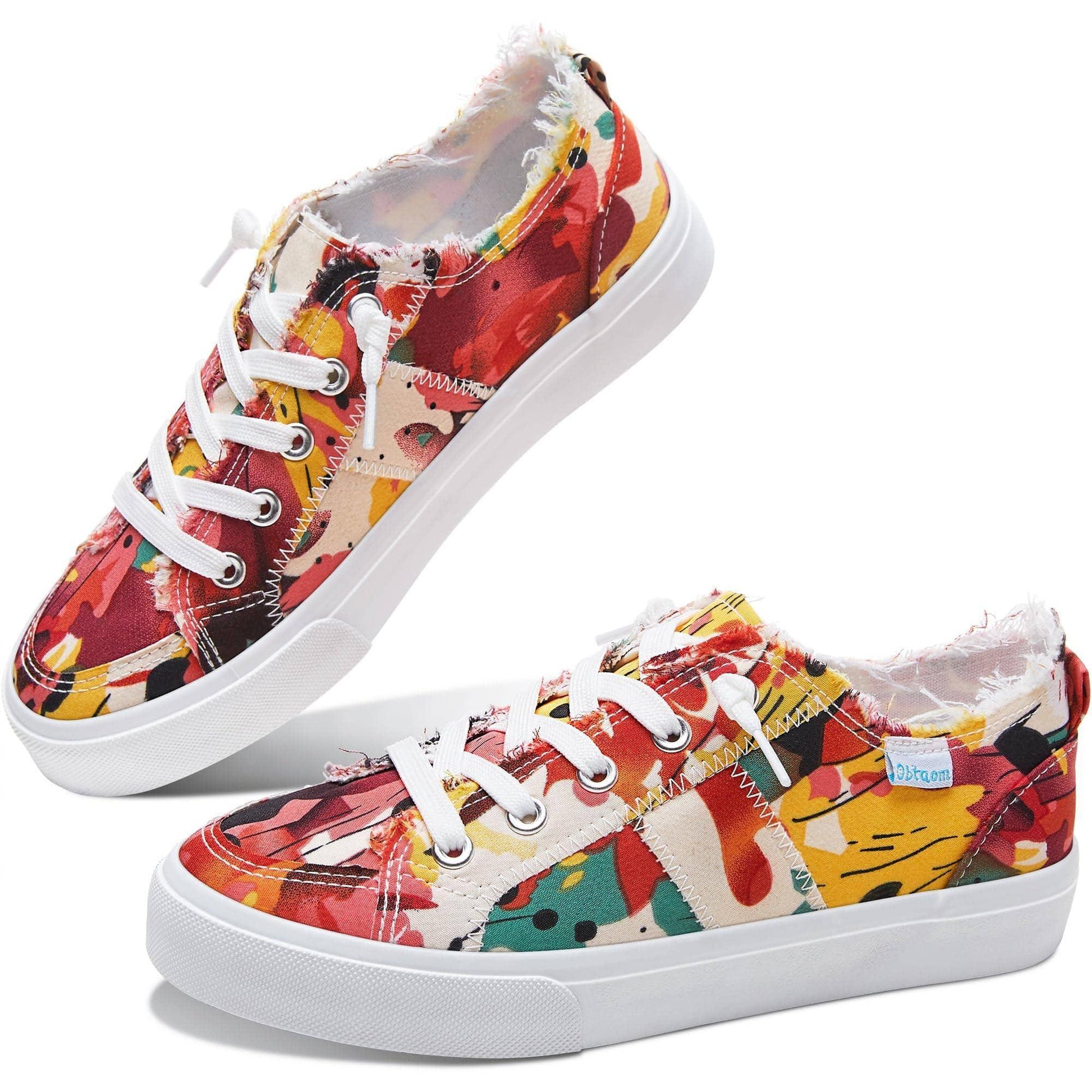 Women's floral print canvas sneakers with white laces and distressed edges, stylish casual footwear