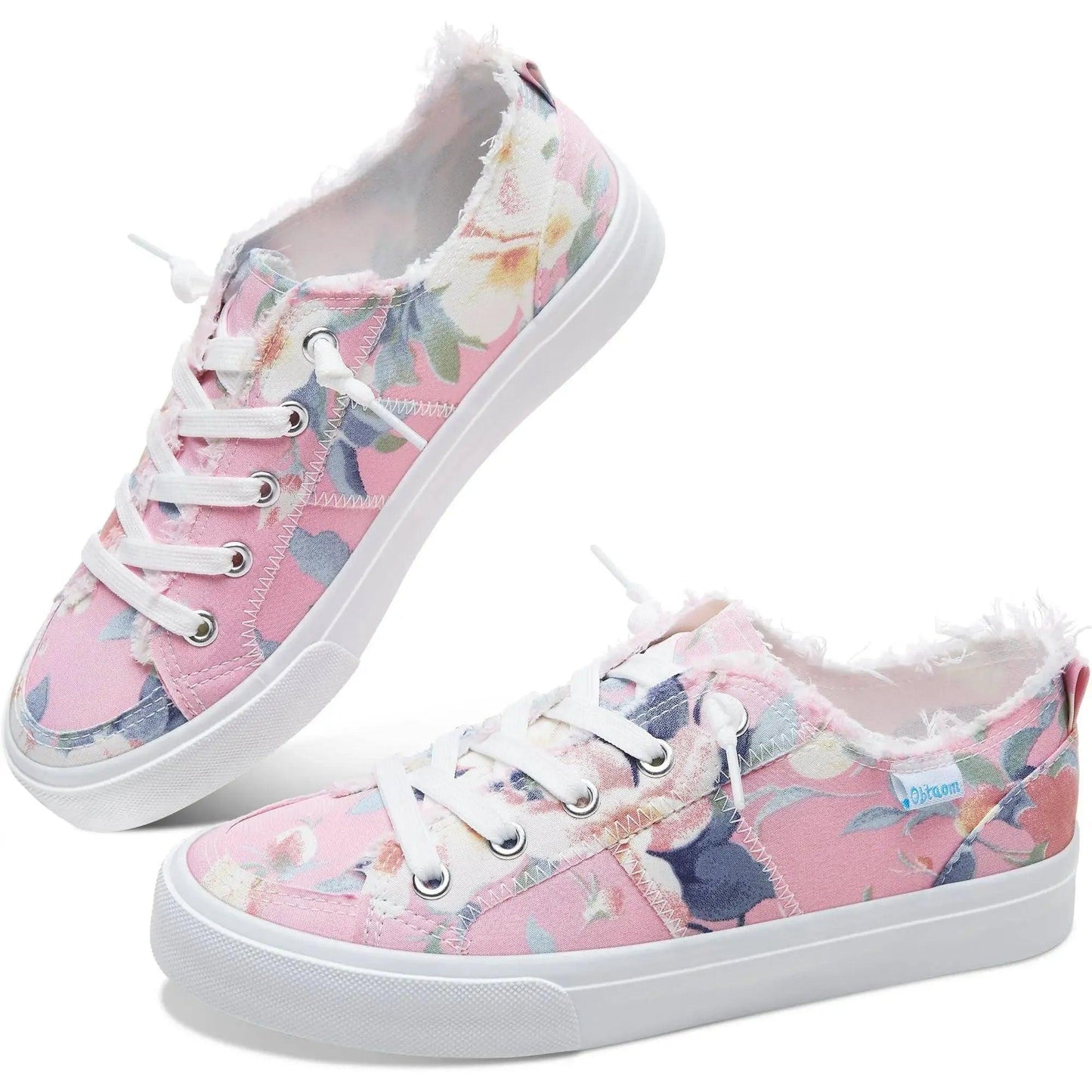 Pink floral women's sneakers with white laces and frayed edges