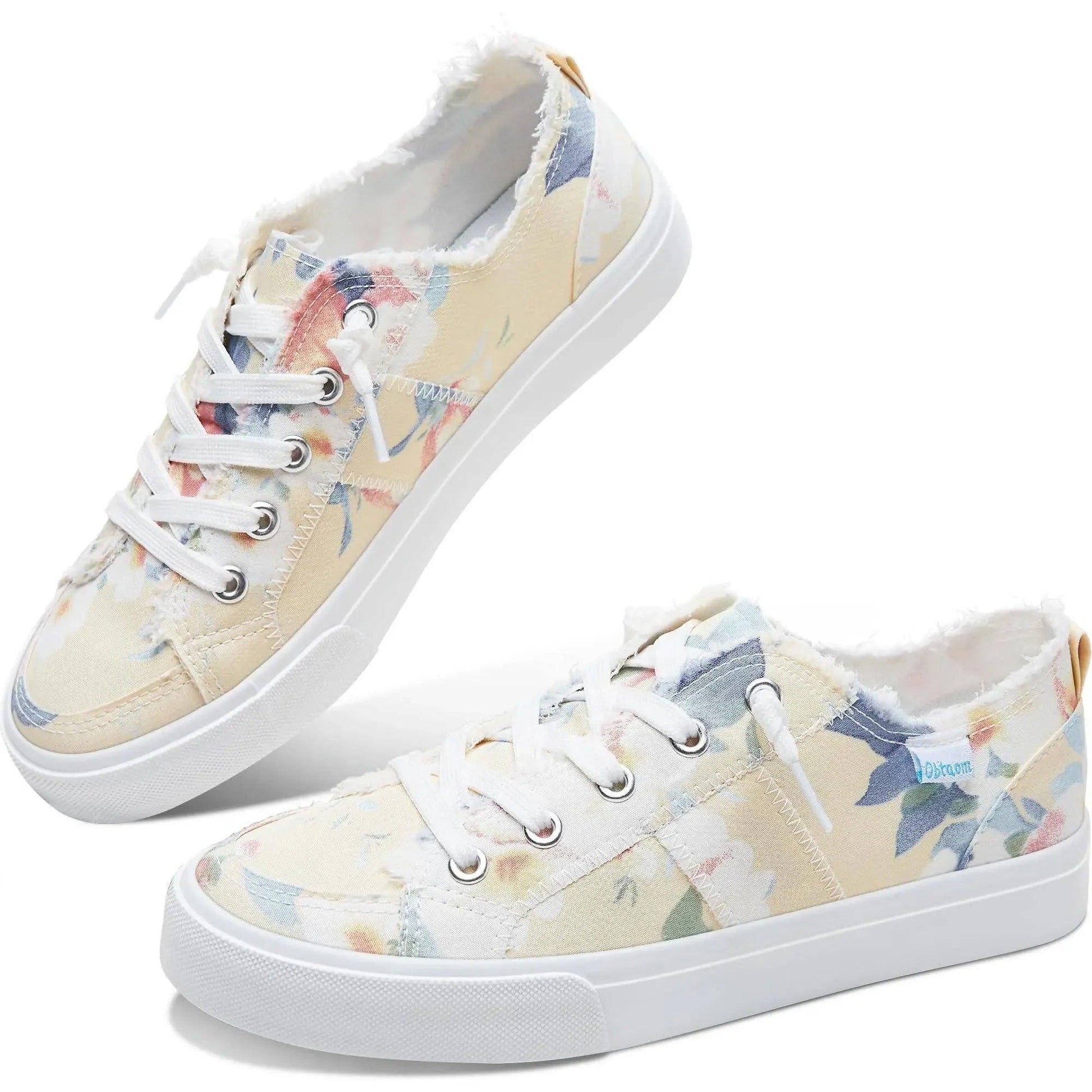 Women's floral canvas sneakers with white laces and distressed edges, stylish casual footwear