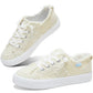 Cream tweed women's sneakers with white laces and fluffy trim, casual fashion footwear