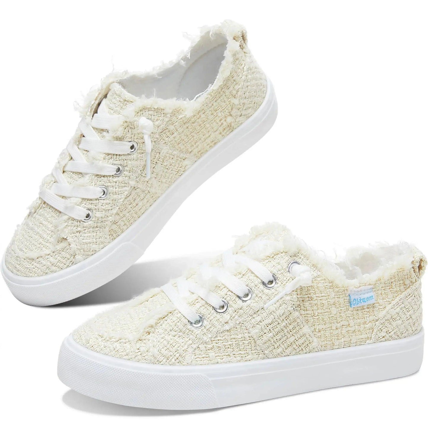 Cream tweed women's sneakers with white laces and fluffy trim, casual fashion footwear